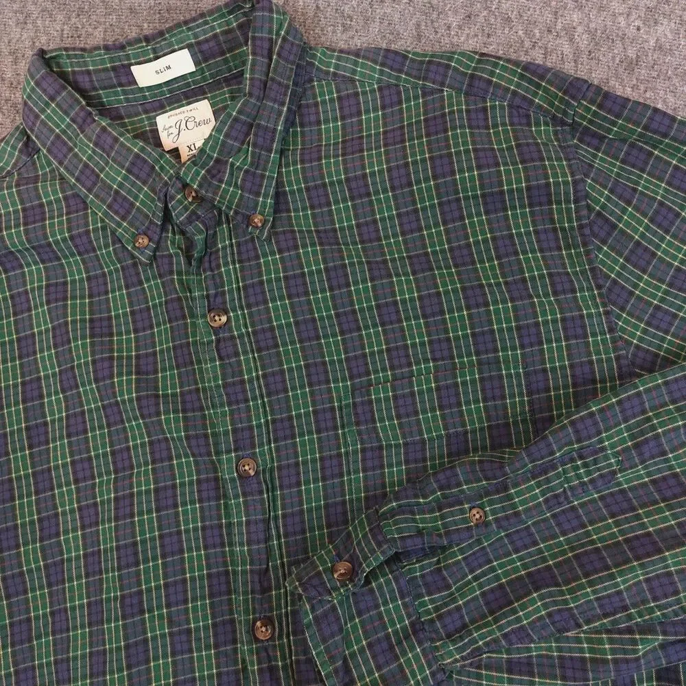 J.Crew Slim Brushed Twill Button Down Shirt Mens Xl Green Blue Tartan Plaid